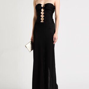 Tom Ford black strapless maxi dress, a gold ring-detailed, tie back